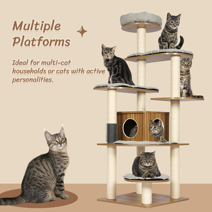 KAMABOKO Tall Wood Cat Tree, 69” Large Cat Tower Multi-Level Platforms with Sisal Scratching Posts, Cat Tree for Large Cats 20 lbs Heavy Duty, Cat Condo Furniture for Active Cats
