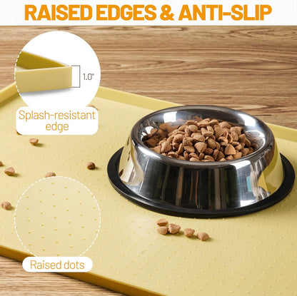 Hubulk Dog Feeding Mat,100% Waterproof Food Grade Silicone Pet Food and Water Bowl Placemat,Dishwasher, High Raised Edge to Prevent Spills,Nonslip Tray to Stop Messes on Floor (32"x24"x1.0", Yellow)