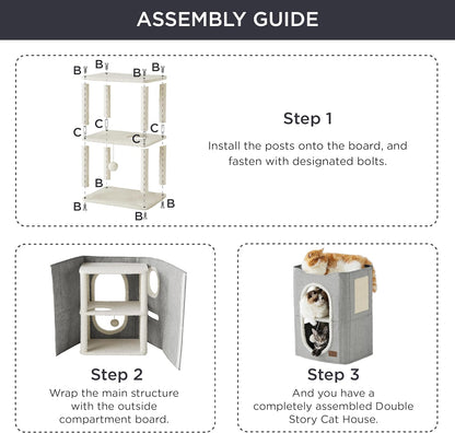 Bedsure 2 Story Cat House - Cat Condos for Indoor Cats with Scratch Pad and Fluffy Ball Hanging, Small Pet Cave Furniture Hideaway for Multi Pets, 18x14x23 inches, Grey