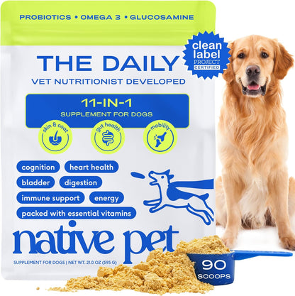 Native Pet Dog Vitamins & Supplements - 11-in-1 Multivitamin Powder for Dogs Food Topper - Collagen, Glucosamine, Probiotics, Omega & More- Supports Healthy Gut, Mobility & Overall Health -90 Scoops