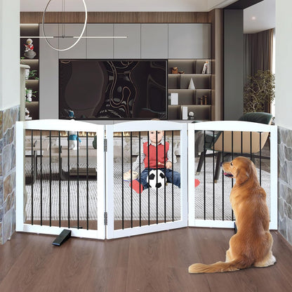Freestanding Panel Dog Gate for Indoor Doorways, Stairs, or Hallways - Foldable Wooden Pet Gate, 24" Height - 3 Panels, White