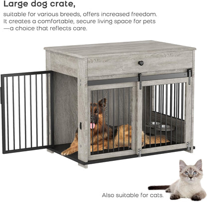 Large Dog Crate with Sliding Door, Furniture-Style Wooden Indoor Kennel, Integrated Side Table & Drawer, Secure Lock, 360° Rotating Bowl, Modern Pet House - Ideal for Home Decor (Grey)