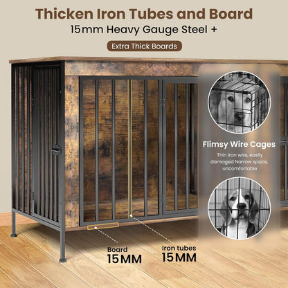 Dog Crate Furniture 78" for 2 Dogs Sturdy Heavy Duty Dog Kennel Solid Metal Tube Thick Wooden with 3 Lockable Doors XXL Double Dog Cage Large Breed as End Table for Large Dogs Rustic Brown