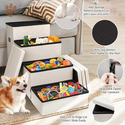 Dog Stairs with Condo 23" H, 4-Step Wider Folding Storage Pet Stairs Gift for Small/Medium/Large Old Dogs Cats, Dog Steps for High Beds Window, Ramp for Climbing Car Up to 200 lbs, Beige
