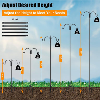 FEED GARDEN Adjustable Double Shepherds Hook for Outdoor with 5 Prong Base 108 Inch Heavy Duty Two Sided Bird Feeder Pole for Hanging Plant Baskets, Solar Light Lanterns, Wind Chimes