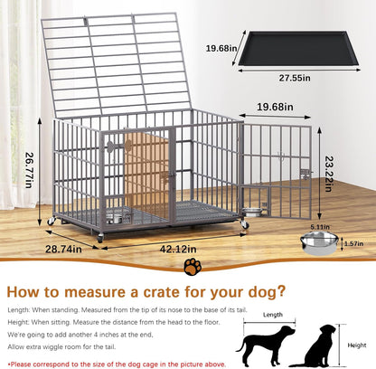 aboxoo 42/48 inch Heavy Duty Metal Dog Crate for 2 Dogs/Large Dog,All Metal Open Top,Dog Kennel Indoor with Wheels,Floor Grid, Tray, Divider and Feeding Bowl (Sliver)