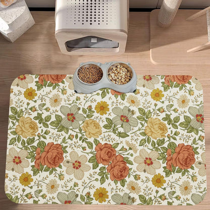 Delicate Floral Dog Food Mat Absorbent Bowl Mats No Stains Quick Dry Waterproof Pet Cat Placemats for Food and Water, 30x45cm