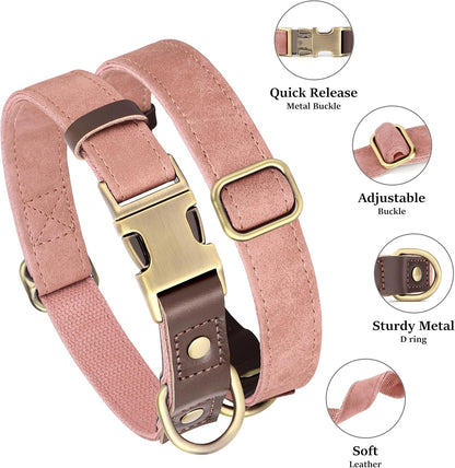 Didog Soft PU Leather Dog Collar for Large Dogs,Classic Adjustable Dog Collars with Quick Release Metal Buckle,Easy Clean and Comfortable with Nylon Lining,Pink,L Neck 15-23"