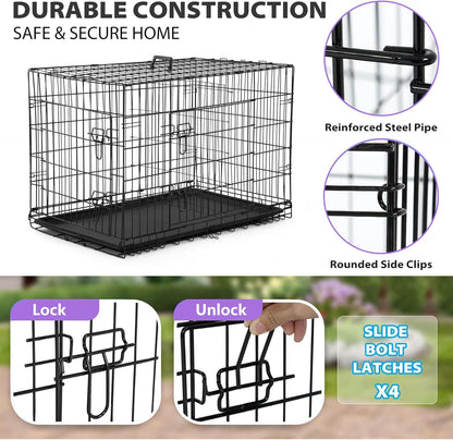 BestPet | Dog Crate | 48" | Black | Foldable Metal Kennel with Double Doors, Secure Slide-Bolt Latches, Leakproof Tray | Portable Dog Cage for Large Breeds | for Travel, Indoor & Outdoor Use