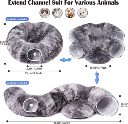 Odoland Cat Tunnels for Indoor Cats with Fluffy Plush Central Cat Couch and 20 Cat Toys, Tunnel Bed for Cats with Hanging Ball, Detachable Soft Mat and Variety Kitty Toy Set, Grey