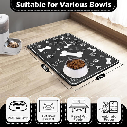 Pet Feeding Mat,Rapid Absorbent Mats for Dog Cat Food, Dog Placemat Water Bowl Mat with Rubber Backing,Messy Drinkers to Protect Floors, Pet Accessories 17"×29" Black