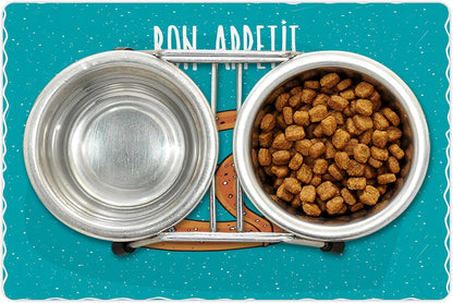 Lunarable Bon Appetit Pet Mat for Food and Water, Pretzel Design Bon Appetit Lettering Hand Drawn Cartoon Food Words, Non-Slip Rubber Mat for Dogs and Cats, 18" X 12", White Brown