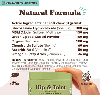 Natural Dog Company Hip & Joint Chews for Dogs with Glucosamine for Dogs + Chondroitin, MSM & Turmeric, Supports Mobility & Reduces Discomfort, Stiffness, Natural Pain Relief Joint Supplement. 180 Ct