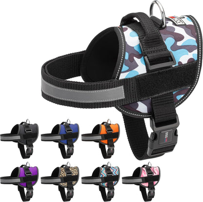 Dogline Dog Harness, Reflective No-Pull Adjustable Vest with Handle for Walking, Training, Breathable, No - Choke Harness for Small, Medium or Large Dogs Room for Patches Girth 22"-28" in Blue Camo