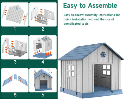 Vixzen 32in Large Outdoor Dog House,Durable Water Resistant Resin Dog House,Doghouse for Small to Large Dogs Indoor or Outside,with Air Vent and Elevated Floor,Blue