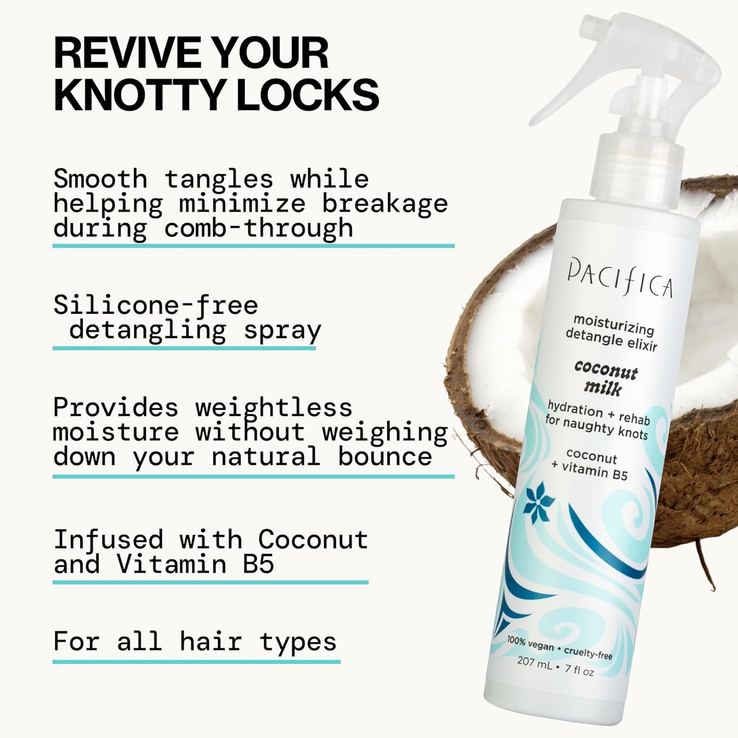 Pacifica Coconut Milk Hair Detangler Spray - Leave In Conditioner Spray, Detangling Elixir Suitable for All Types, Fine and Curly Hair Products, Smoothing, Moisturizing, and Anti-Frizz - 207 mL