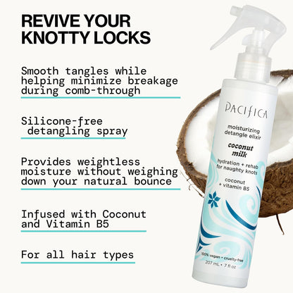 Pacifica Coconut Milk Hair Detangler Spray - Leave In Conditioner Spray, Detangling Elixir Suitable for All Types, Fine and Curly Hair Products, Smoothing, Moisturizing, and Anti-Frizz - 207 mL