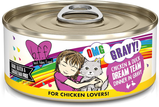 Weruva B.F.F. OMG - Best Feline Friend Oh My Gravy!, Chicken & Duck Dream Team with Chicken & Duck in Gravy, 5.5oz Can (Pack of 8)