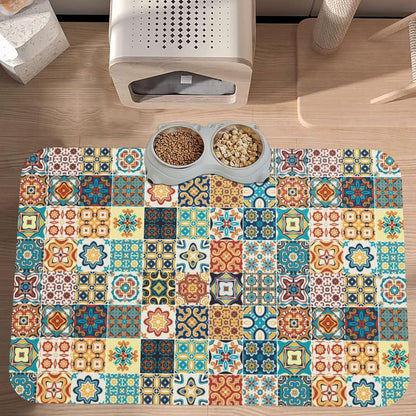 Traditional Multicolor Ornate Dog Food Mat Absorbent Bowl Mats No Stains Quick Dry Waterproof Pet Cat Placemats for Food and Water, 30x45cm
