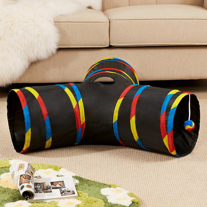 Tempcore 3 Way Collapsible Cat Tube Toys, Kitty Tunnel with Peek Hole Toy Ball, Black & Rainbow
