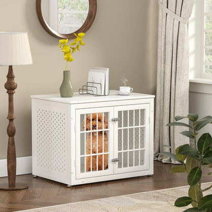 32" Heavy Duty Dog Crate Furniture for Small and Medium Dogs, Metal Kennel for High Anxiety Dogs, Chew Proof Pet Cage Indoor, Decorative Dog Kennel End Table, White