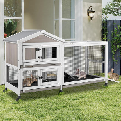 Rabbit Hutch Outdoor Indoor Bunny Hutch with Run 2-Story Large Rabbit Cage on 6 Wheels, 3 Leak Proof Trays, Ramp, Waterproof Roof for Small to Medium Animals, Expandable Design