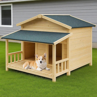 Large Outdoor Wooden Dog House – Weatherproof Double Kennel with Asphalt Roof & Covered Porch, Ideal for Medium to Large Breeds