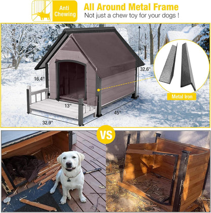 Aivituvin Dog House Outdoor With Metal Frame, Insulated Dog Kennel Outside for Small To Medium Breed, 45" Weatherproof Large Dog Shelter with Anti-Chewing Iron Frame, White (45" D x 32.9" W x 32.6" H)