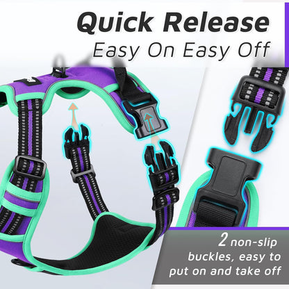 Eagloo Dog Harness for Large Dogs, No Pull Service Vest with Reflective Strips and Control Handle, Adjustable and Comfortable for Walking, No Choke Pet Harness with 2 Metal Rings, Purple & Green, XL
