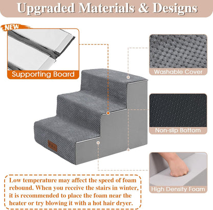 GGIB Dog Stairs for Small Dogs Cats Non-Slip Dog Steps for High Bed Pet Stairs for Sofa Couch Pet Ramp Pet Steps with Removable Washable Cover, Grey, 13" H, 3-Step