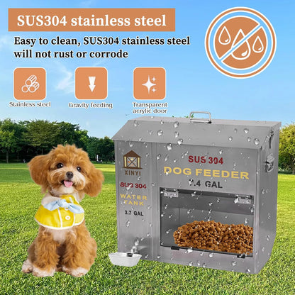 XINYI Automatic Dog Feeder and Waterer 2-in-1,SU304 Stainless Steels 3.7 Gallon Water Tank with 1 Aluminum Alloy Water Cup, 7.4 Gallon Dog Food Dispenser,Automatic Feeder for Pets, Breed, Cat