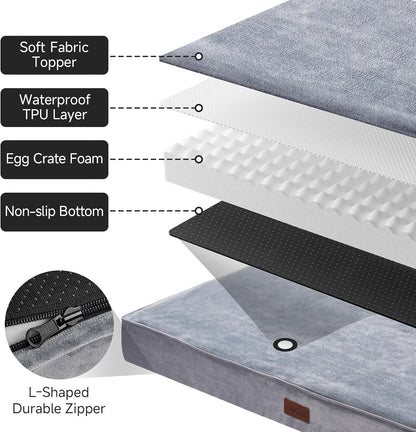 OhGeni Orthopedic Waterproof & Machine Washable Dog Bed for Large Pets, Suitable for Crates, 25D Egg Crate Foam, Non-Slip Bottom & Removable Cover, Flannel Fabric, 41 Inches(Gray)