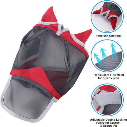 Horse Fly Mask with Ears & Long Nose Cover | Forelock Opening for Tangle-Free Mane Care | UV Protection & Breathable Mesh | No Rub Fit and Enhanced Visbility for Trail Riding Red Full