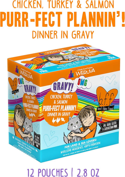 Weruva B.F.F. OMG - Best Feline Friend Oh My Gravy!, Purr-FECT Plannin'! with Chicken, Turkey & Salmon in Gravy Cat Food, 2.8oz Pouch (Pack of 12)