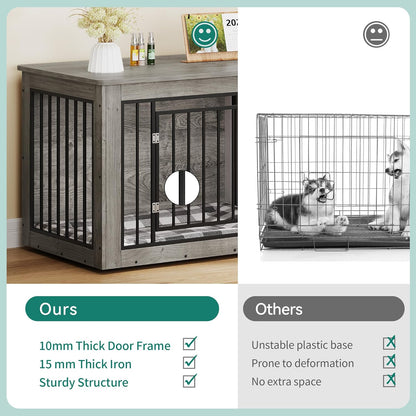 YITAHOME 76 Inch Double Dog Crate Furniture, XXL Dog Crate Furniture for 2 Dogs, Side End Table, Waterproof Top, Safety Corners, 2-in-1 Iron-Wood Fusion Dog Kennel Furniture for 2 Large Dogs,Greige