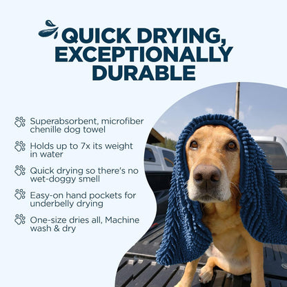 Soggy Doggy Super Shammy Dog Towel - Microfiber Chenille Towel for Drying Dogs and Cleaning Paws - Fast Drying with Hand Pockets for Ease (Navy Blue, 31” x 14”)