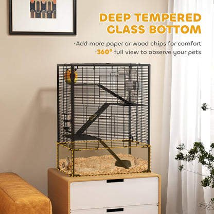 PawHut Large Hamster Cage with Deep Tempered Glass Bottom, 4 Tiers Hamster Tank with Running Wheel, Hut, Water Bottle, Dish, Rat Cage for Syrian, Dwarf, Gerbils, Mouse, 24" x 16" x 31.5", Black