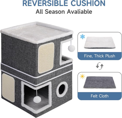 2-Storey Cat House for Indoor Cats, Separate Into 2 Large Cat Bed Cave with Hideaway Condos, Scratch Pads, Hanging Balls, Foldable Indoor Cat House Hold Up to 30LBS, Cat Cube for Multiple Cats Kitten