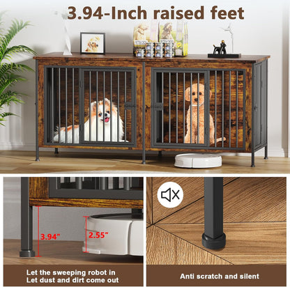 EasyCom 63" Dog Cage Furniture for 2 Pets with Divider, XL Wooden Double Dog Crate Furniture TV Stand for Mideum Breed, Durable and Sturdy
