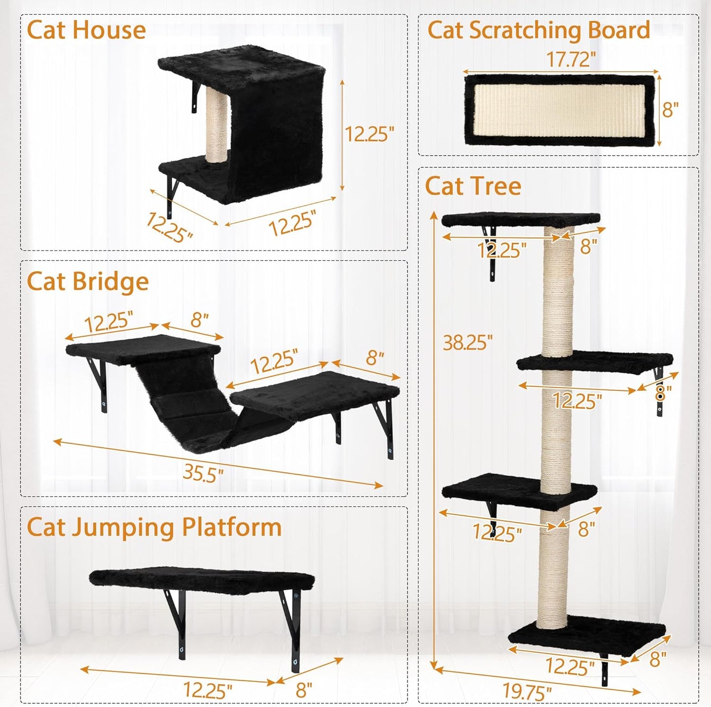 COZIWOW Wall Mounted Cat Furniture, Cat Wall Shelves and Perches, Floating Cat Shelves for Wall Set of 5 (Black)