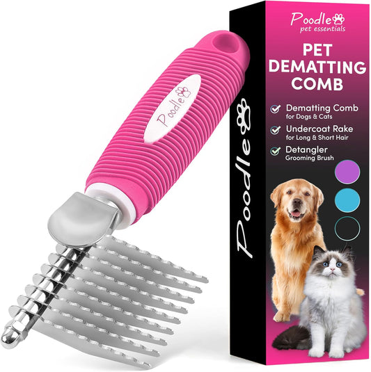 Poodle Dematting Fur Rake Comb Brush for Dogs and Cats - Long 2.5" Steel Safety Blades Metal Comb for Detangling Matted or Knotted Undercoat Hair