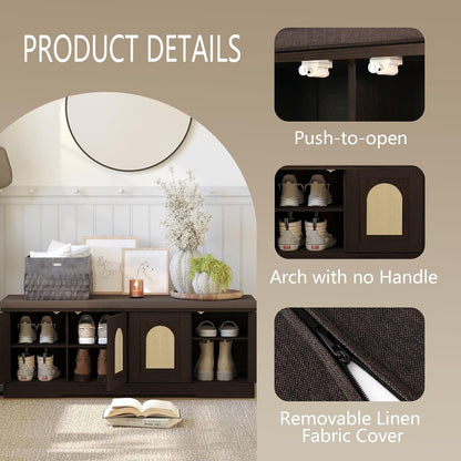 DINZI LVJ Shoe Bench, Entryway Storage Bench with Doors, Cushion, 2-Tier Shoe Rack with 8-Cubby, 47.2”L x 13.8”W Shoe Organizer Cabinet, Adjustable Shelf, Living Room, Bedroom, Espresso with Rattan