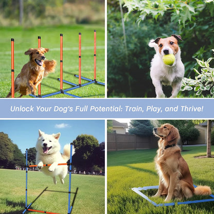 PLKO Dog Agility Equipment Set, Training Starter Kit Dog Obstacle Course,8 Weave Poles, Adjustable Hurdle, Jump Ring, Pause Box and Carrying Bag(Style C)
