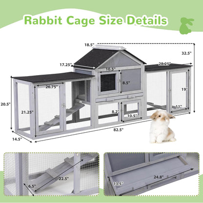 82.5” Large Wooden Rabbit Hutch Outdoor Easy to Assemble Rabbit Cage and Durable Bunny Hutch Indoor with Cleaning Tray & Waterproof Roof for Small and Medium Bunny Rabbit Chick (Grey)
