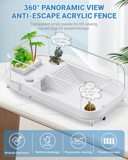 Large Turtle Tank Kit (Tank + Lamp + Filter), Acrylic Turtle Tank Starter Kit, Tank Aquarium with Heightened and Curved Fences, Bottom Drainage, Multi-Function Areas (Black Lamp)