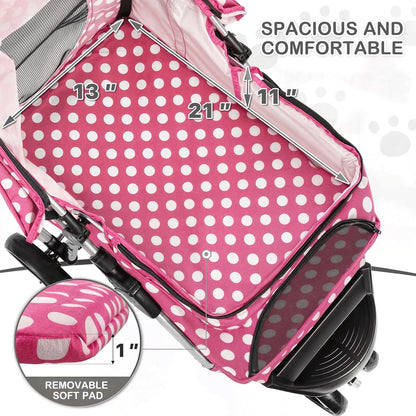 MoNiBloom 3 Wheels Pet Dog Cat Stroller for Small Medium Dogs Cats, Foldable Jogger Stroller w/Storage Basket and Cup Holder, Hot Pink Polka Dots
