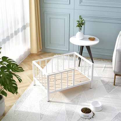 Dog Bed with Rails - Elevated Pet Metal Bed Frame with Solid Wood Board and Washable Soft Mat for Small Dog Indoor or Outdoor Use, 21.3" x 30 ", White