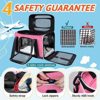 Petskd Top-Expandable Pet Carrier 18x13x9.5 Inches Southwest Airline Approved, Soft-Sided Carrier for Small Cats and Dogs with Locking Safety Zippers and Anti-Scratch Mesh(Pink)
