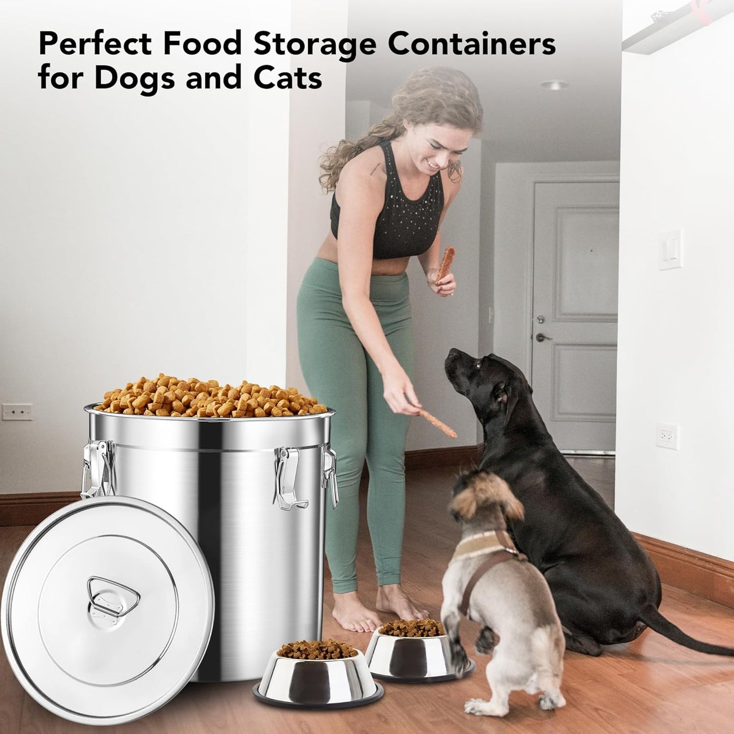 Dog Food Storage Containers, Large Stainless Steel Pet Food Storage Containers 25 lb / 11.5 kg to Keep Fresh, Metal Airtight Cat Food Containers With Scoop and 2 Small Containers