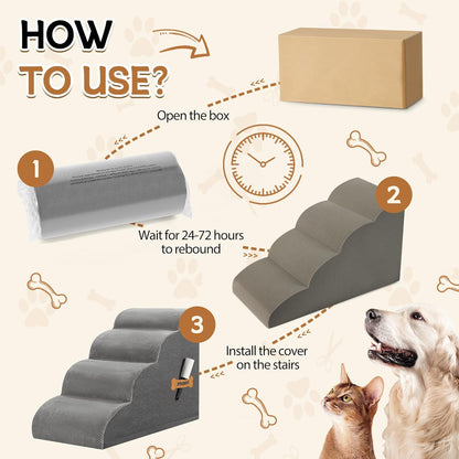Dog Stairs, Romrol Dog Steps Ramp for High Bed and Couch, Dogs Ramp with Durable Non-Slip Waterproof Fabric Cover, Pet Stairs for Small Dogs and Cats or Pets Joints, 4-Tiers,Grey